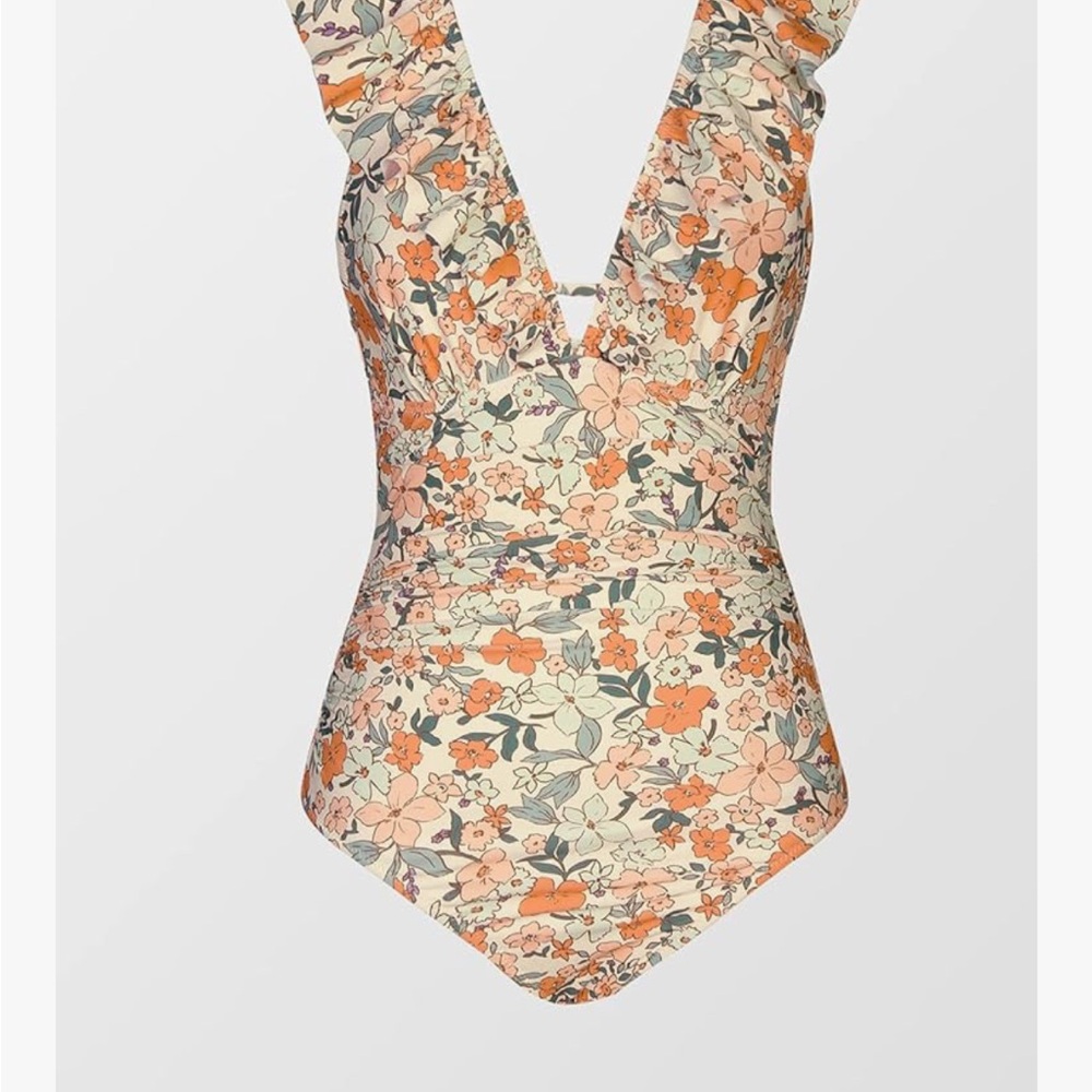 Cupshe- Floral Ruffle One-Piece Swimsuit in Cream and Orange